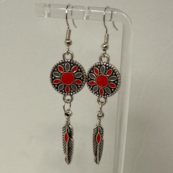 Silver & Red Boho Feather Dangle Earrings Western Mandala Drop Design - Picture 1 of 4